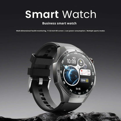 Black silicone smartwatch with silver bezel and built-in camera lens