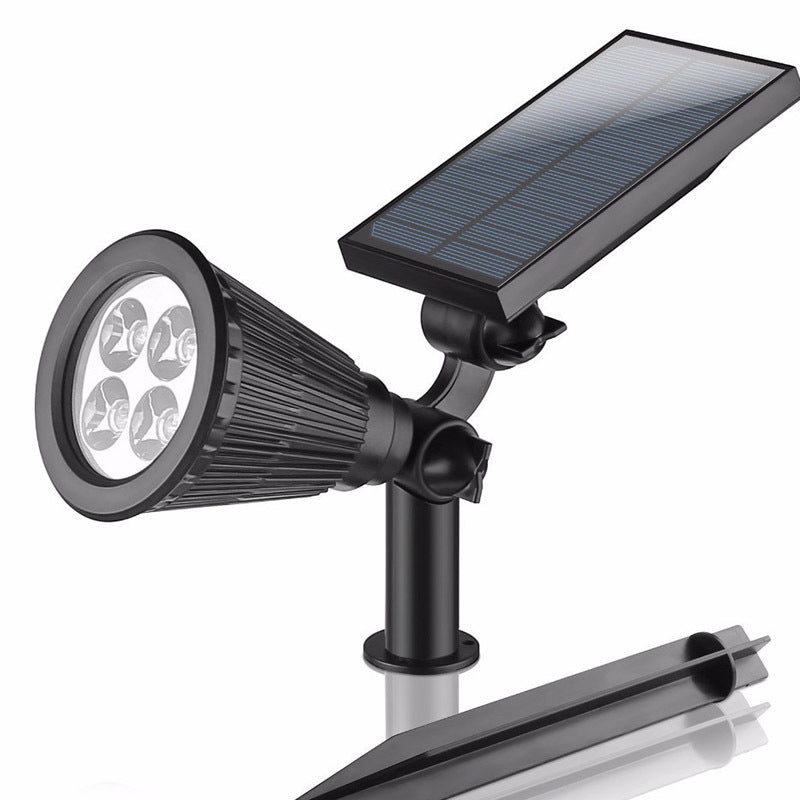 Solar-powered outdoor light fixture with solar panel and LED light.