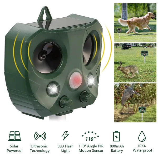 Solar Ultrasonic Animal Repeller - Motion Sensor & LED Flasher