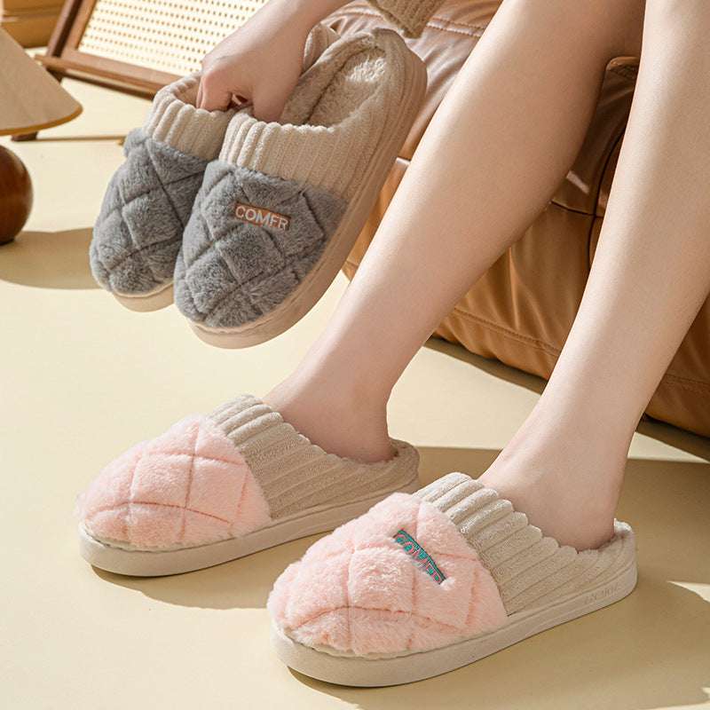 Solid Rhombic Letter Slippers – Warm, Non-Slip Plush for Couples Solid Rhombic Letter Home Slippers Winte | Ectron Online