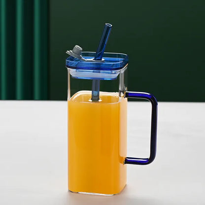 Square High Borosilicate Glass Cup with Lid & Straw - 1 Pcs Blue 1 Pcs Blue Glass Straw Cup, 6 Colors Squ | Ectron Online