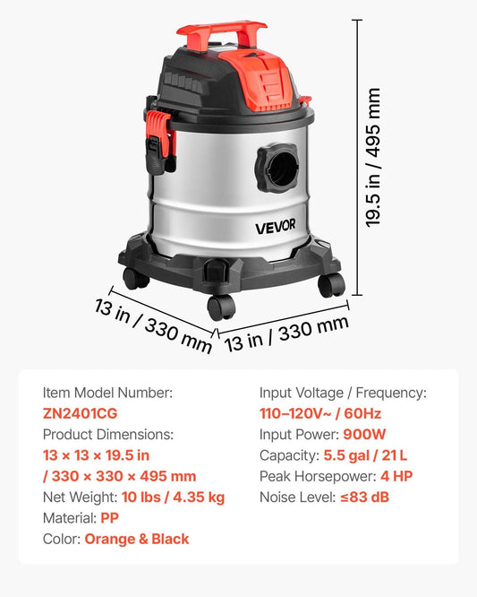 Stainless steel 5.8 gallon wet dry shop vac with a long hose and metal tank in a professional workshop setting
