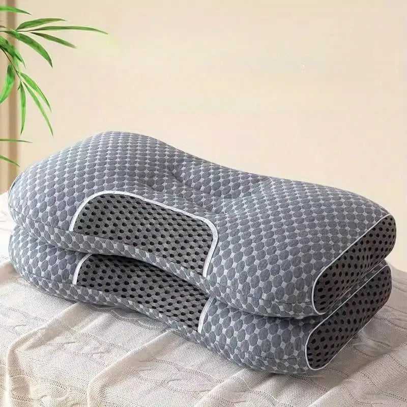Ergonomic knitted cotton massage pillow, gray contoured neck support with cutouts