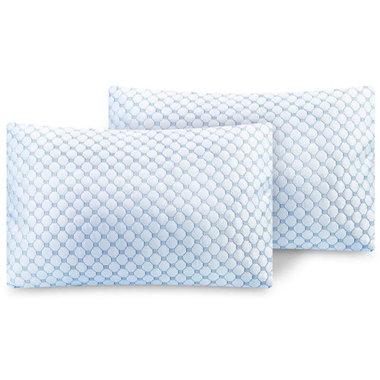 Two queen-size memory foam pillows with blue cooling gel infusion and a ventilated hole pattern for enhanced airflow