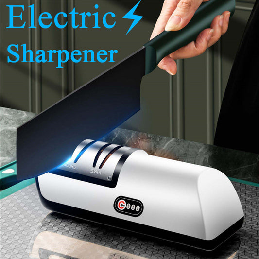 Electric knife sharpener with a hand holding a knife above it, set against a dark background.