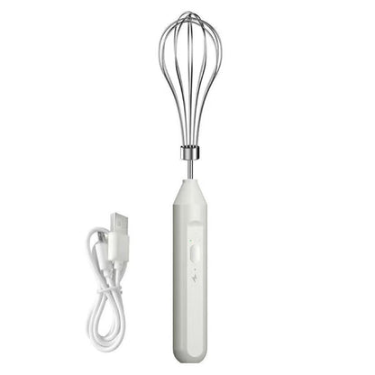 White handheld whisk with USB cable on a white background