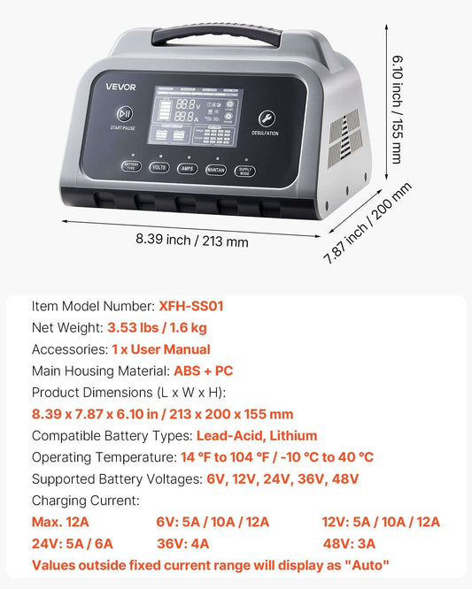 Universal smart battery charger with an LCD display connected to a car battery showing charging status and voltage levels