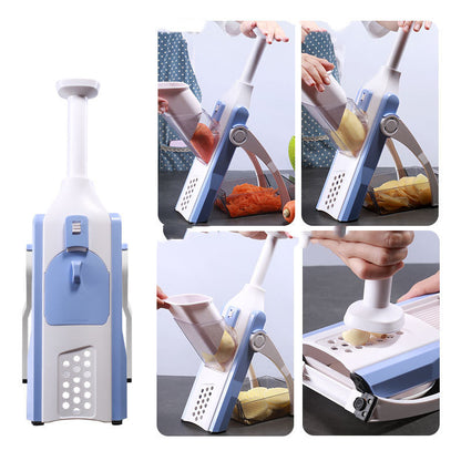 A multifunctional vegetable slicer in white and blue colors, shown with attachments for cutting various vegetables and a cleaning brush.