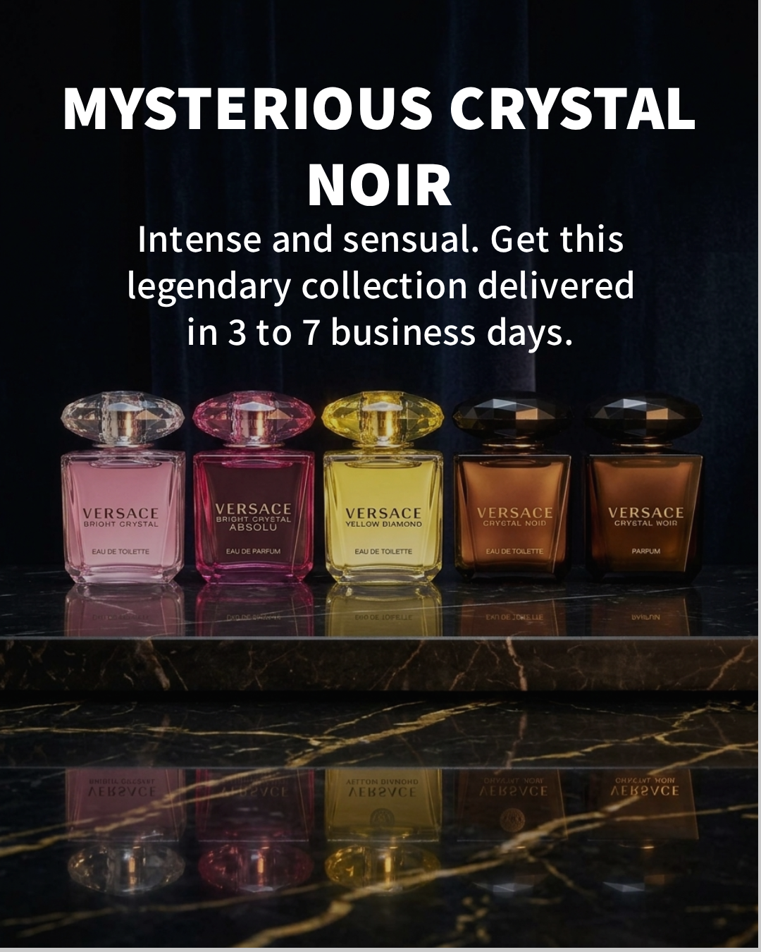 Five mini perfume bottles lined on glossy black surface, assorted colored caps