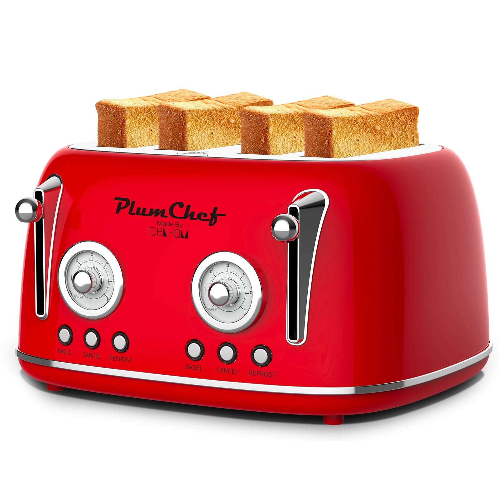 Red retro 4-slice toaster with dual side levers and two round control dials, ready to toast