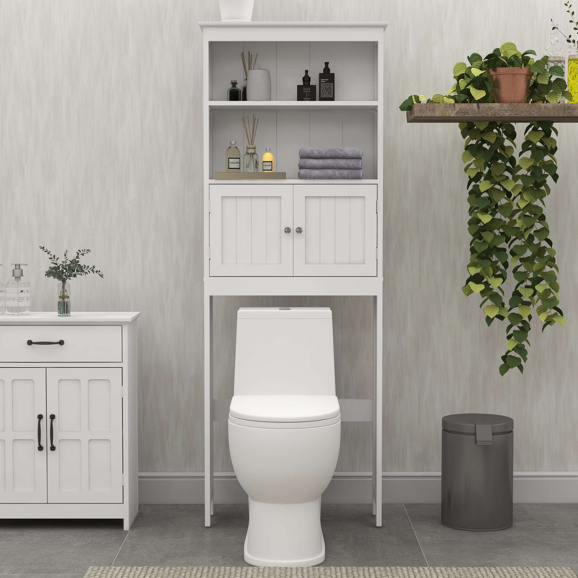 White 2-tier over-the-toilet storage rack with open shelves and cabinet doors