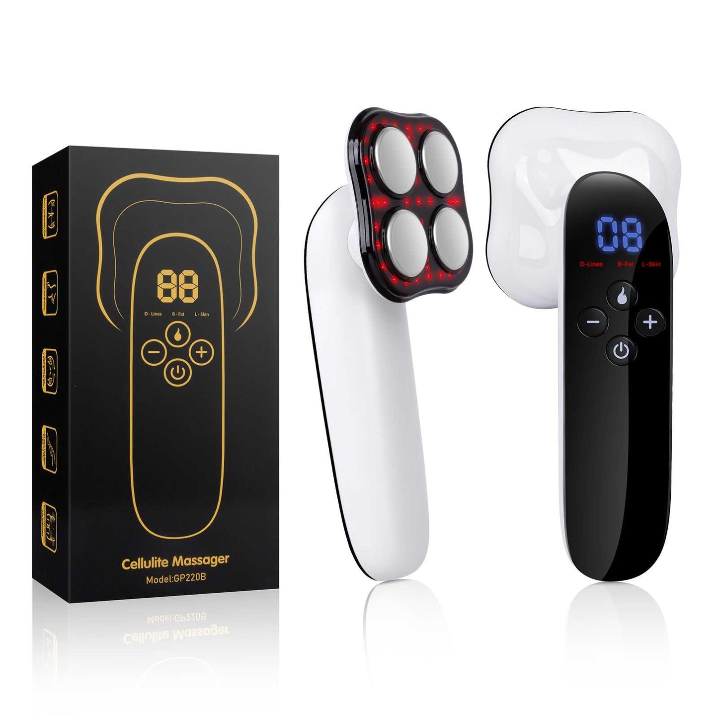 Handheld electric cellulite massager with box; black handle, red LED '88' display.