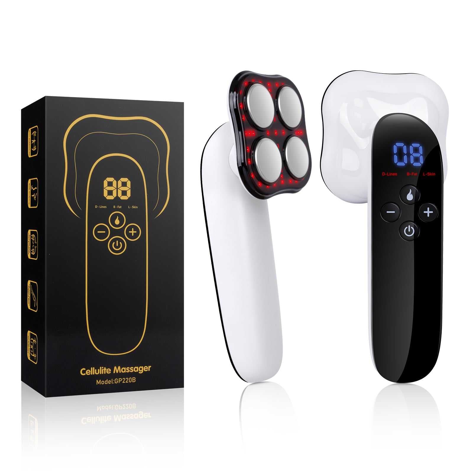 Handheld electric cellulite massager with box; black handle, red LED '88' display.