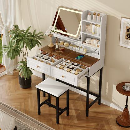 White makeup vanity desk with LED 360° mirror, storage drawers, gold handles
