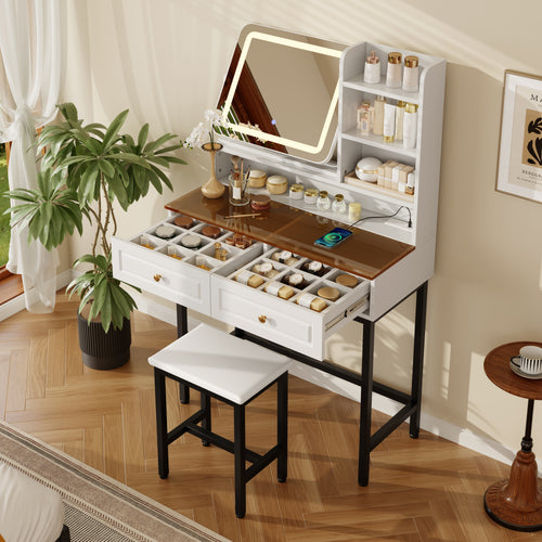 White Makeup Vanity with LED 360° Mirror, Power Outlet & Amber Glass