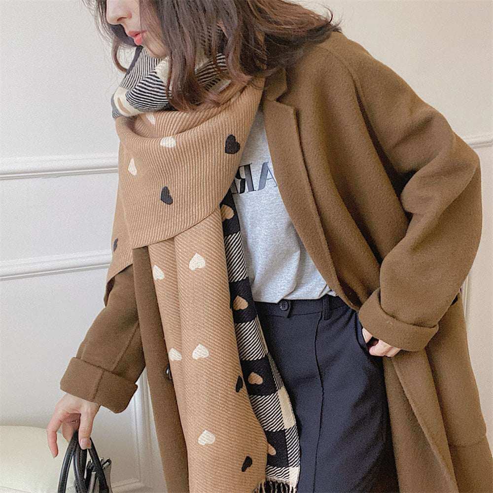 Women's Faux Cashmere Heart Check Scarf with Fringe