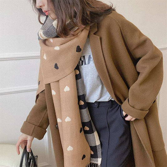 Women's Faux Cashmere Heart Check Scarf with Fringe