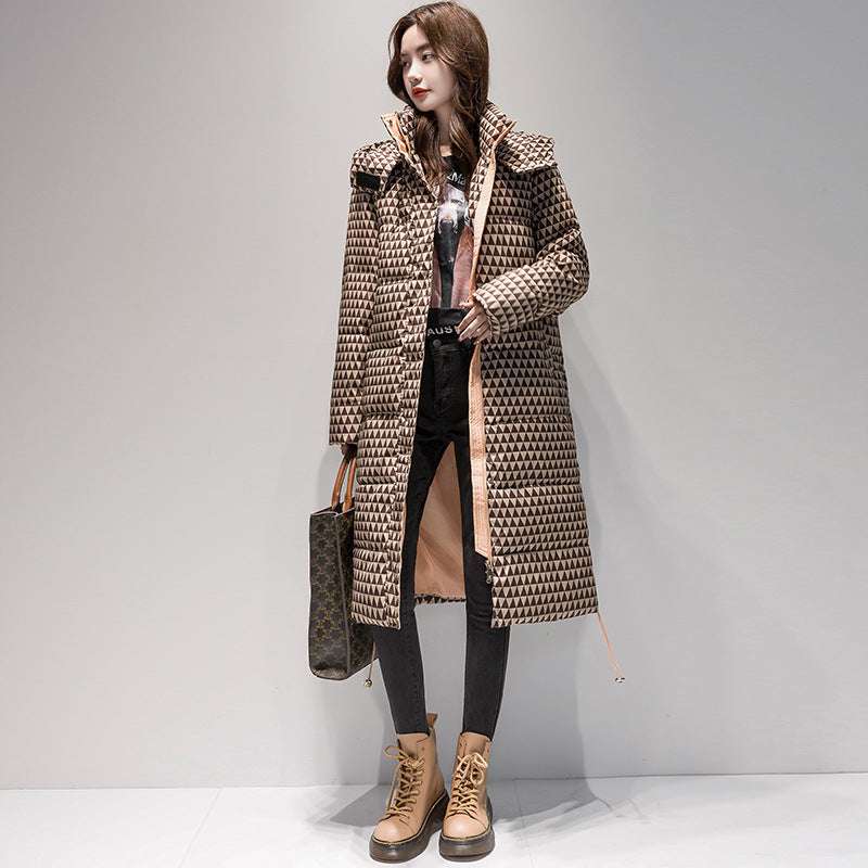 Brown houndstooth plaid padded winter coat with hood