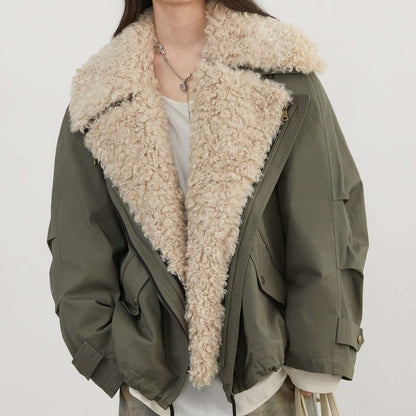 Green jacket with beige sherpa lining on a white background