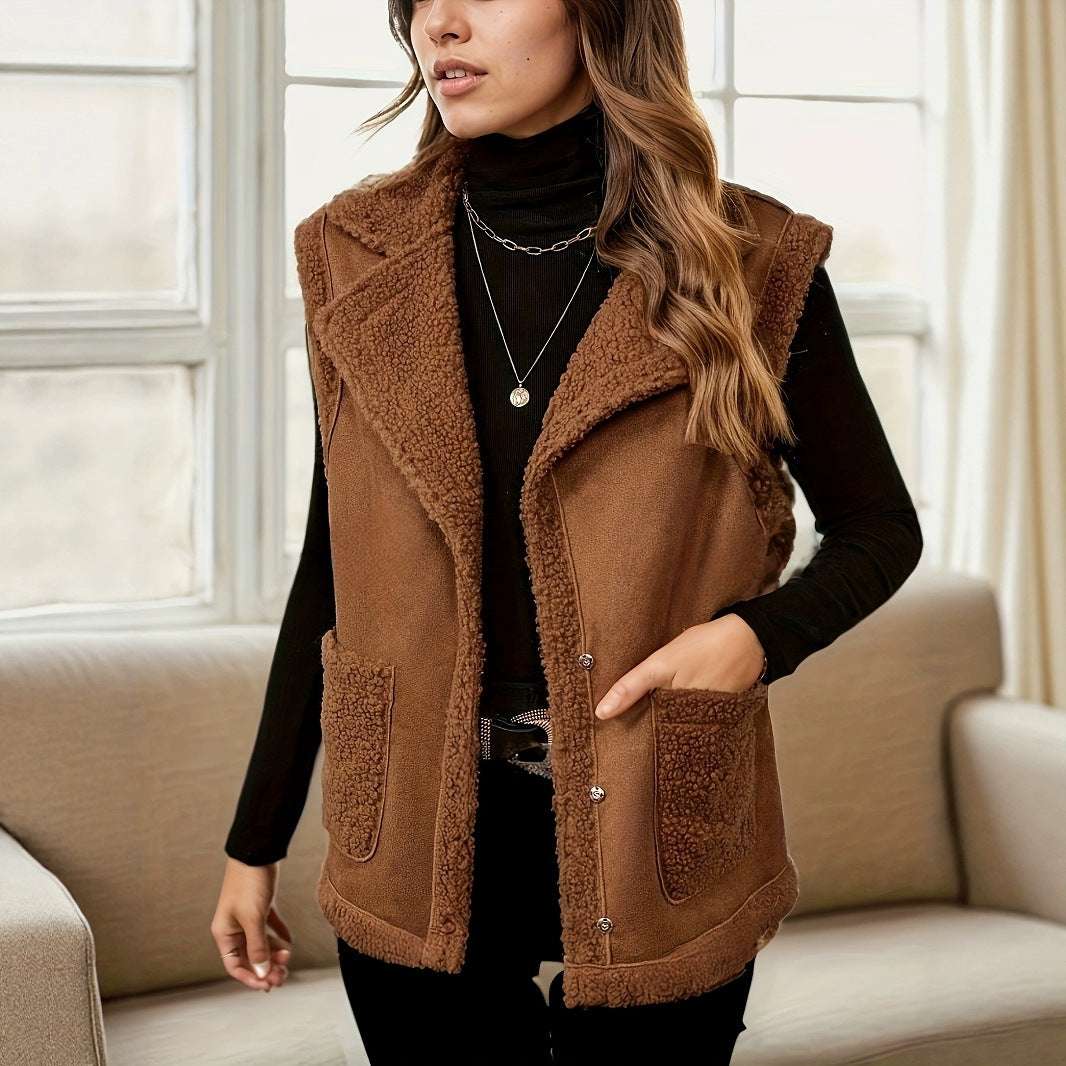 Woman wearing a brown fleece vest indoors