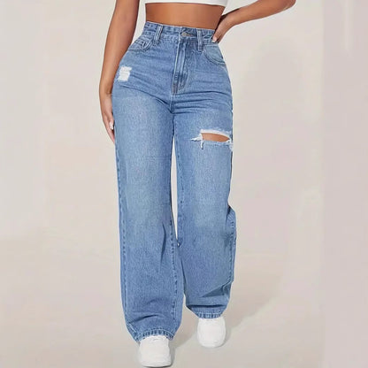 Women's European Style Distressed Jeans | Washed Hole Denim Pants European And American Ladies Washed Hole | Ectron Online