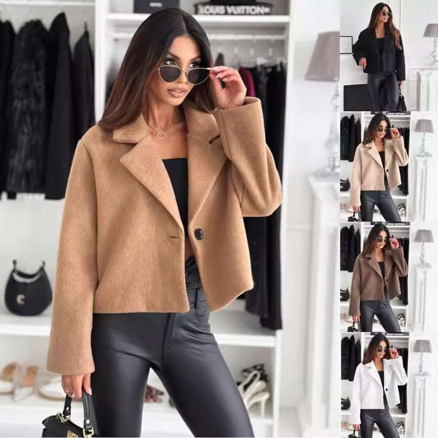 Fall Winter Fashion Suit Collar Solid Color Wool Small Coat Women's Clothing