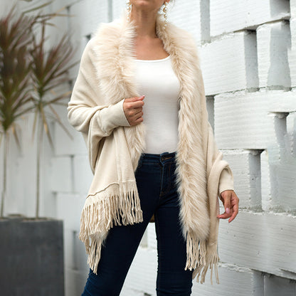 Women's Faux Fur Trim Cardigan Coat - Fringe Hem Layer Poncho For Fall & Winter Women's Faux Fur Trim Cardigan Coat - Fr | Ectron Online