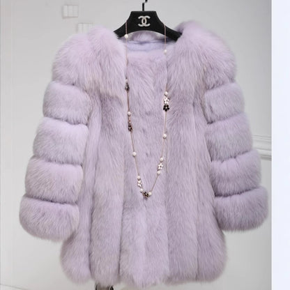 Women's Fox Fur Mid-Length Coat | Luxurious Winter Fur Jacket Fox Fur Mid-length Coat For Women | Ectron Online