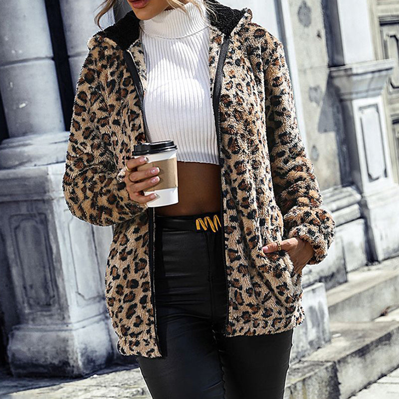 Women's Fuzzy Leopard Jacket | Hooded Plush Zip-Up Winter Coat