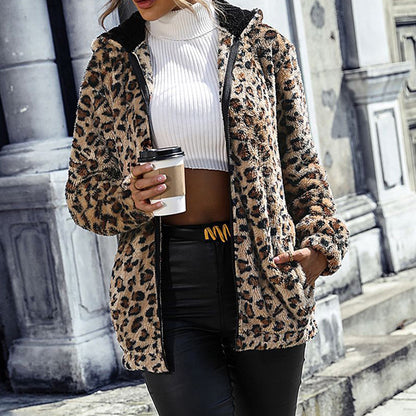 Women's Fuzzy Leopard Jacket | Hooded Plush Zip-Up Winter Coat Women's Fuzzy Leopard Jacket, Hooded Plu | Ectron Online