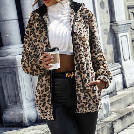 Women's Fuzzy Leopard Jacket | Hooded Plush Zip-Up Winter Coat
