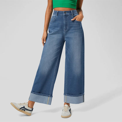 Women's High-Waisted Straight Jeans | Trendy Cuffed Hem Denim High-waisted Trousers-foot Curling Strai | Ectron Online