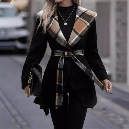 Women's Lace-up Plaid Wool Trench Coat | Mid-Length Color-Match Coat Lace-up Plaid Color Matching Wool Mid-le | Ectron Online
