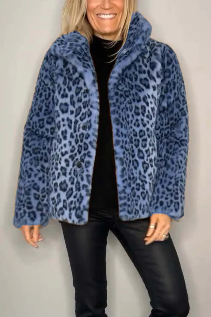 Women's Leopard Print Faux Leather Jacket | Woolen Lapel Winter Top