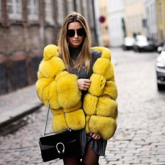 Women's Minimalist Patchwork Fur Jacket | Hooded Faux Fur Grass Coat