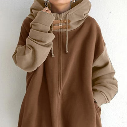 Women's Patchwork Color Zipper Sweater Women's Patchwork Color Loose Hooded Lon | Ectron Online
