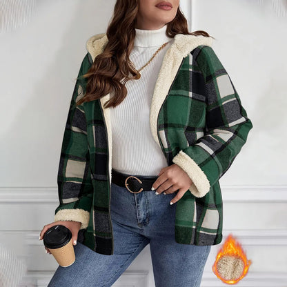 Women's Plaid Fleece-Lined Hooded Coat | Thickened Winter Jacket Plaid Printed Coat Fleece-lined Thickene | Ectron Online