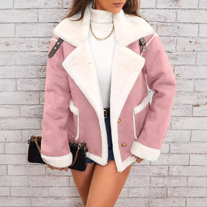 Women's Plush Polo Collar Jacket - Warm Casual Winter Fleece Coat Fashion Polo Collar Plush Jacket Winter | Ectron Online