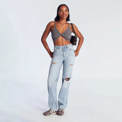 Women's Ripped Straight Leg Jeans | Light Wash Relaxed Fit Denim High Waist Ripped Straight Leg Jeans For | Ectron Online
