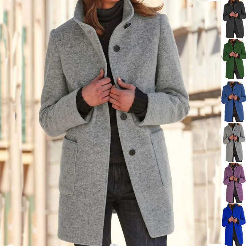 Women's Stand Collar Woolen Coat with Pockets | Casual Winter Jacket Fashion Stand Collar Woolen Coat With Po | Ectron Online