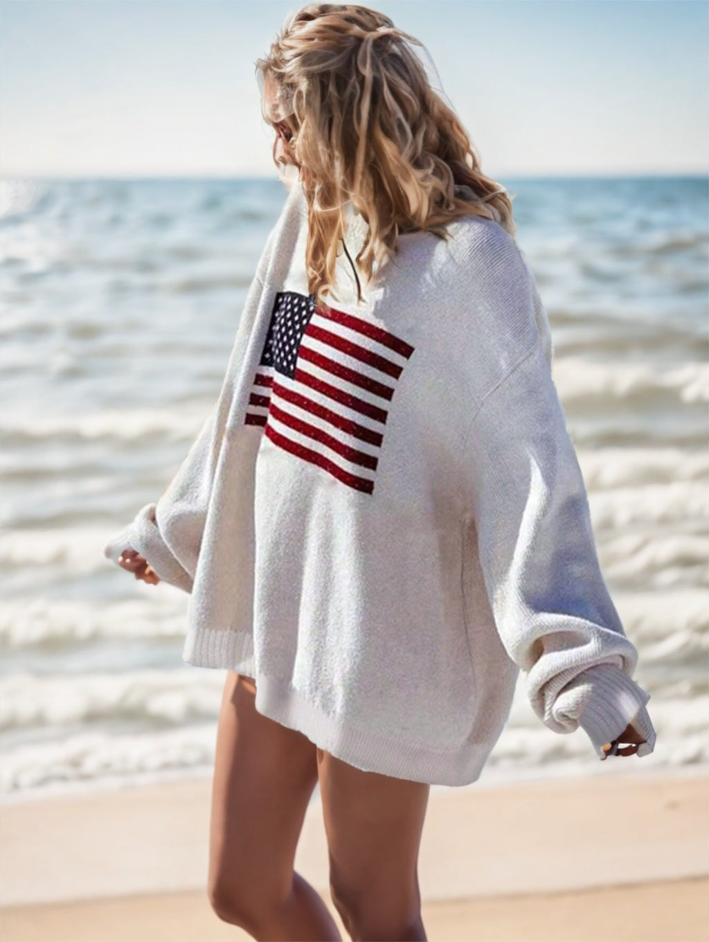 Women's USA Flag Drop Shoulder Sweater | Retro Long Sleeve Top Usa Flag Design Drop Shoulder Sweater,Lo | Ectron Online