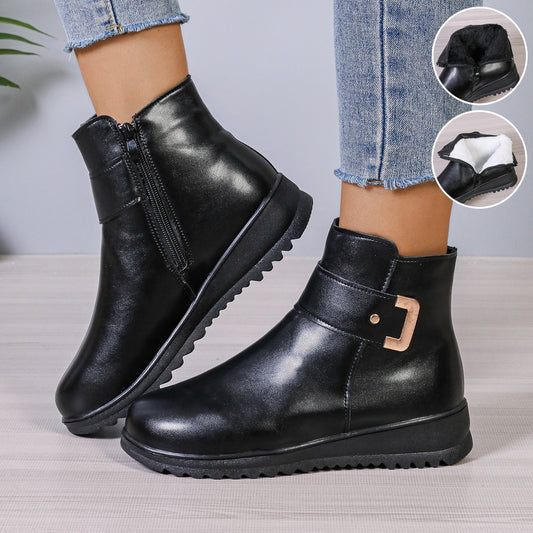Women's Winter Fleece Ankle Boots | Non-Slip Side Zipper PU Shoes Winter Fleece Boots With Side Zipper Des | Ectron Online