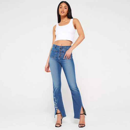 Women's Y2K Star Patch Wide-Leg Jeans | High-Waist Retro Denim Women's High-Waist Star Patch Jeans Wide | Ectron Online