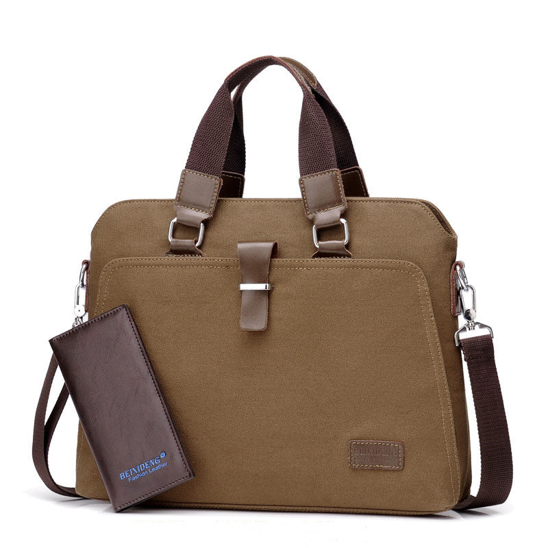 Coffee brown canvas briefcase with top handles, shoulder strap, and dark card holder pouch