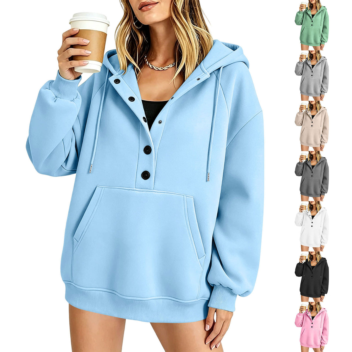 Women's light blue hooded sweatshirt with button front, long sleeves, front kangaroo pocket