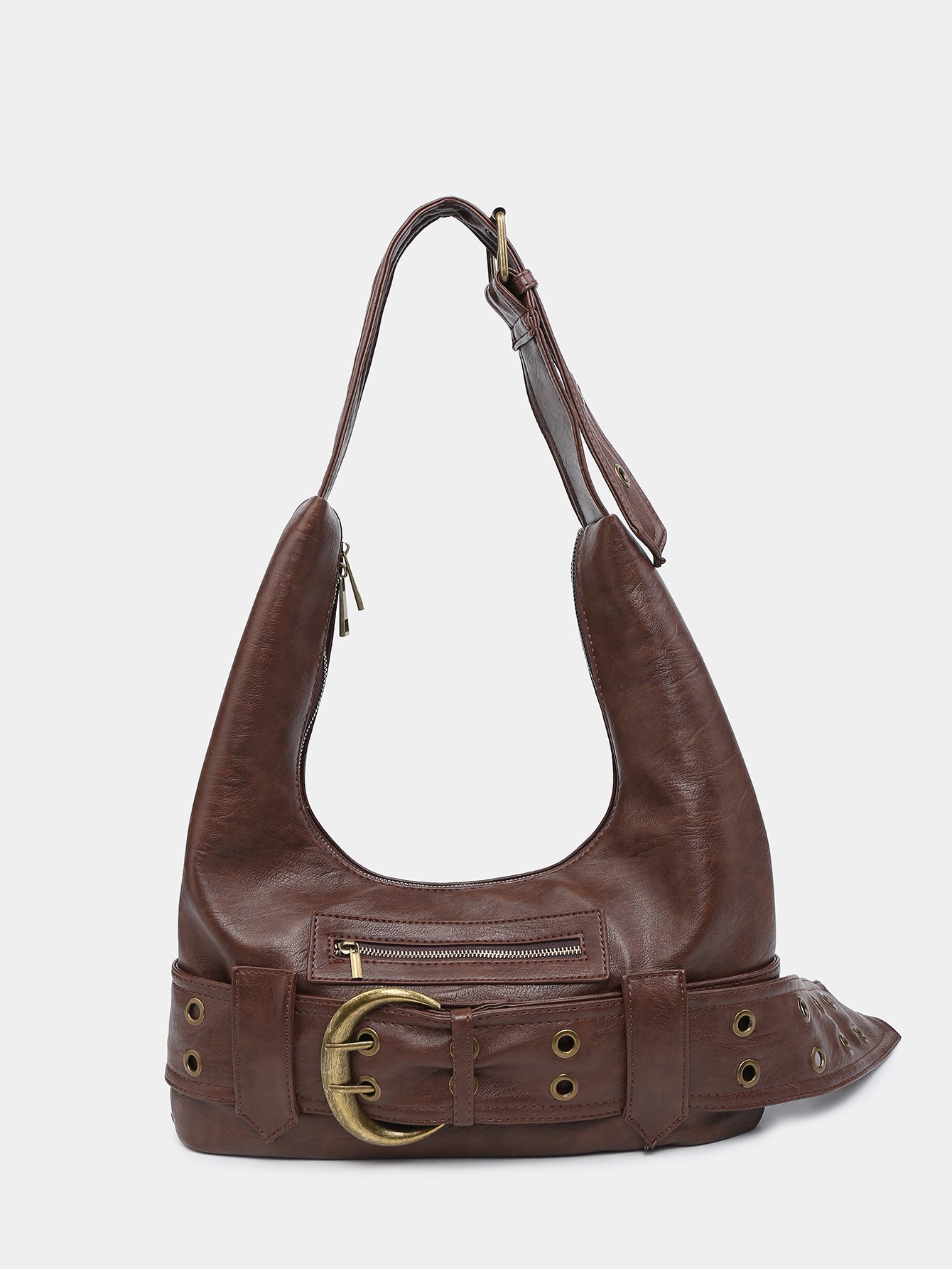 Brown leather slouch shoulder bag with front zip pocket and adjustable belt strap