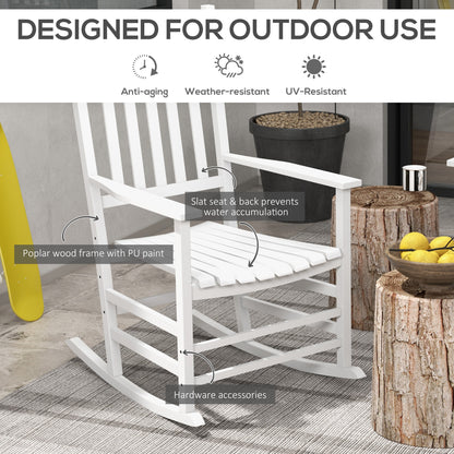 White wooden porch rocking chair with slatted back and seat, sturdy arm supports