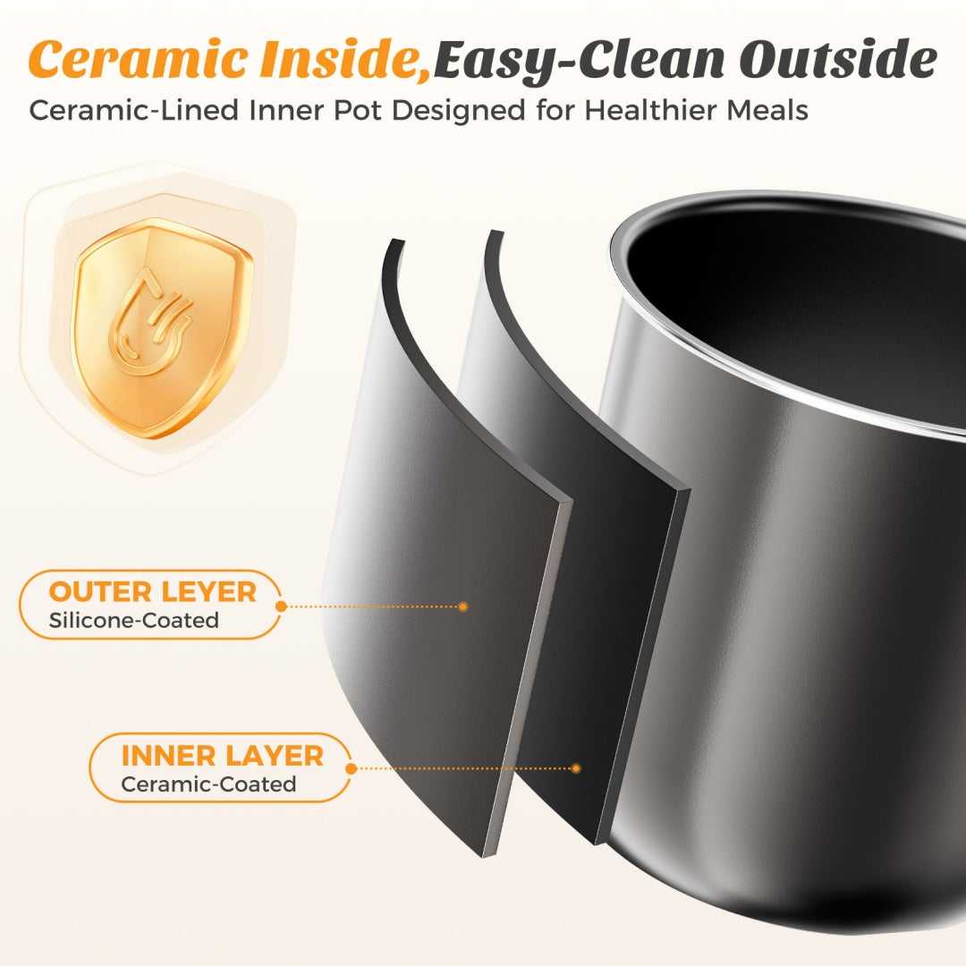 Ceramic-lined inner pot with silicone-coated outer layer, cutaway view