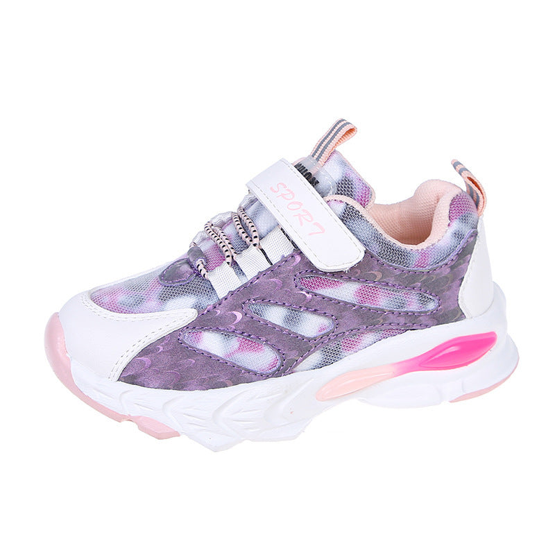 Kids running shoes, purple and lavender patterned with white Velcro strap and pink sole