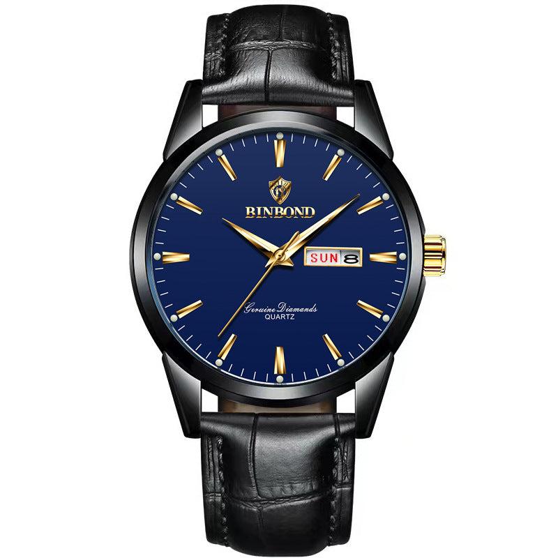 Men's quartz watch with black case, blue dial, black leather strap and day date window